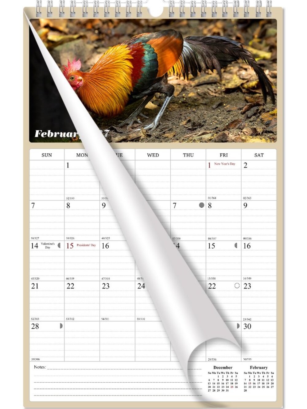 2027 Wall Calendar Spiral-bound Twin (Roosters) 11" x 17"